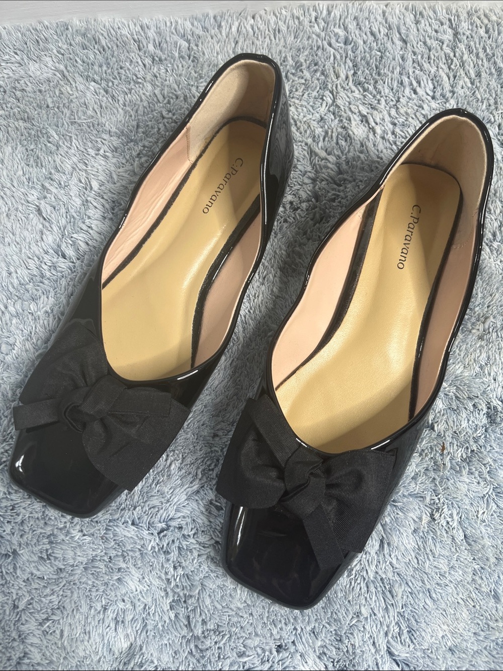 C. Paravano Black Patent Bow Ballerina Flats Square Toe Eva Size 9 EU 40